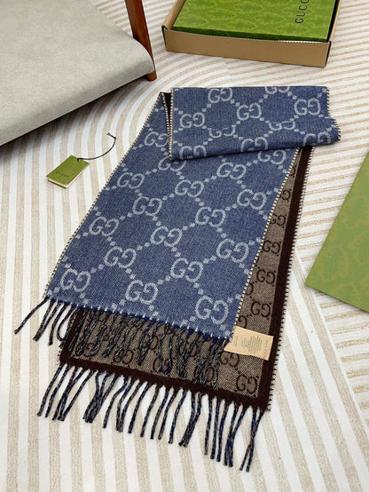 GG JACQUARD WOOL SCARF DENIM BLUE MIX COFFEE BROWN 398286