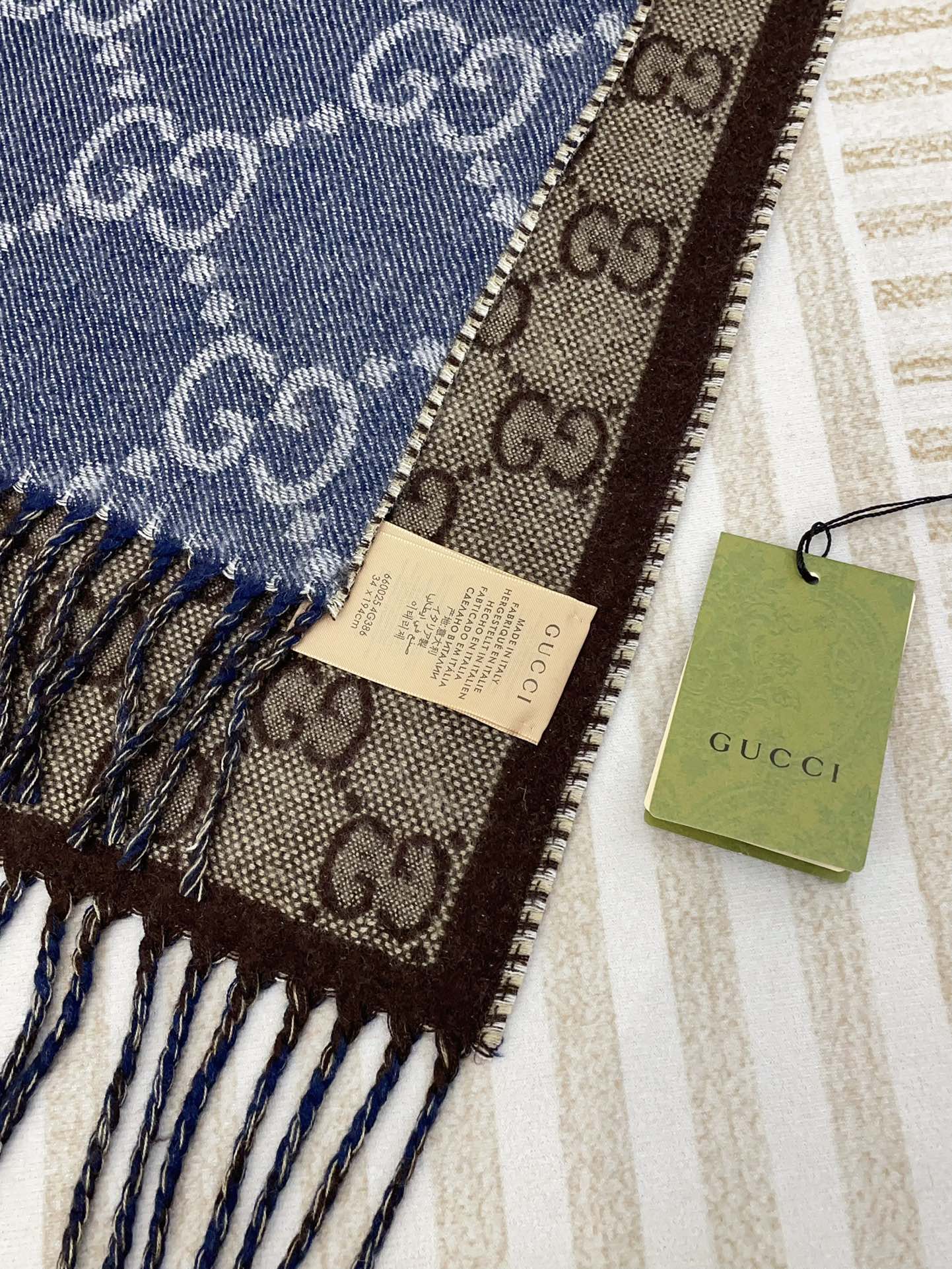 GG JACQUARD WOOL SCARF DENIM BLUE MIX COFFEE BROWN 398286