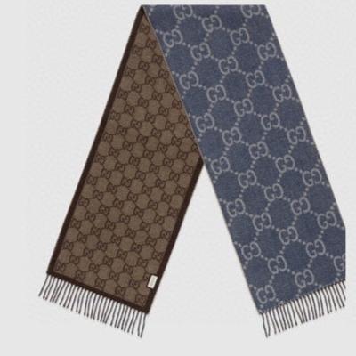 GG JACQUARD WOOL SCARF DENIM BLUE MIX COFFEE BROWN 398286