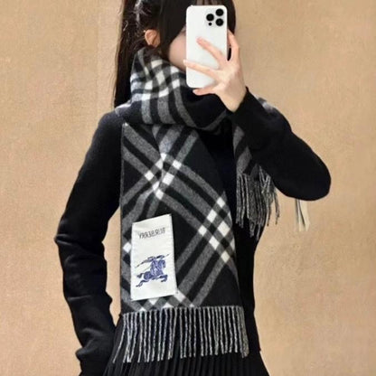 CHECK CASHMERE SCARF 168 CM BLACK MIX WHITE 410210