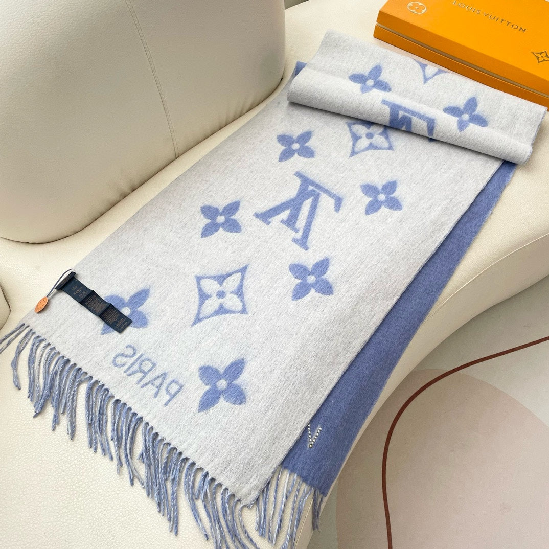 MONOGRAM FLOWERS SCARF 170 CM IN ELECTRIC BLUE CASHMERE 390976