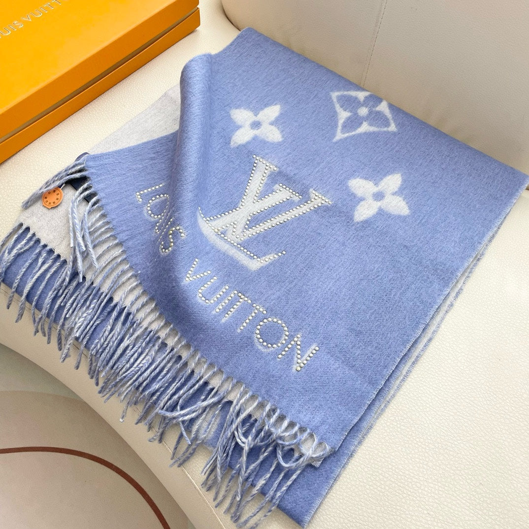 MONOGRAM FLOWERS SCARF 170 CM IN ELECTRIC BLUE CASHMERE 390976