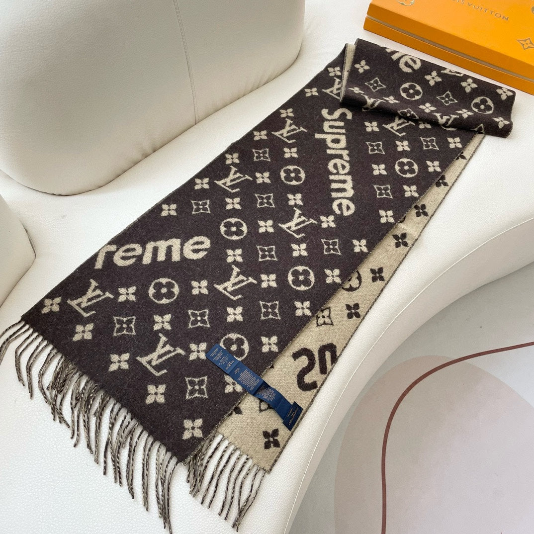 SUPREME X MONOGRAM 180 CM SCARF IN UMBER BROWN WOOL AND CASHMERE 392941