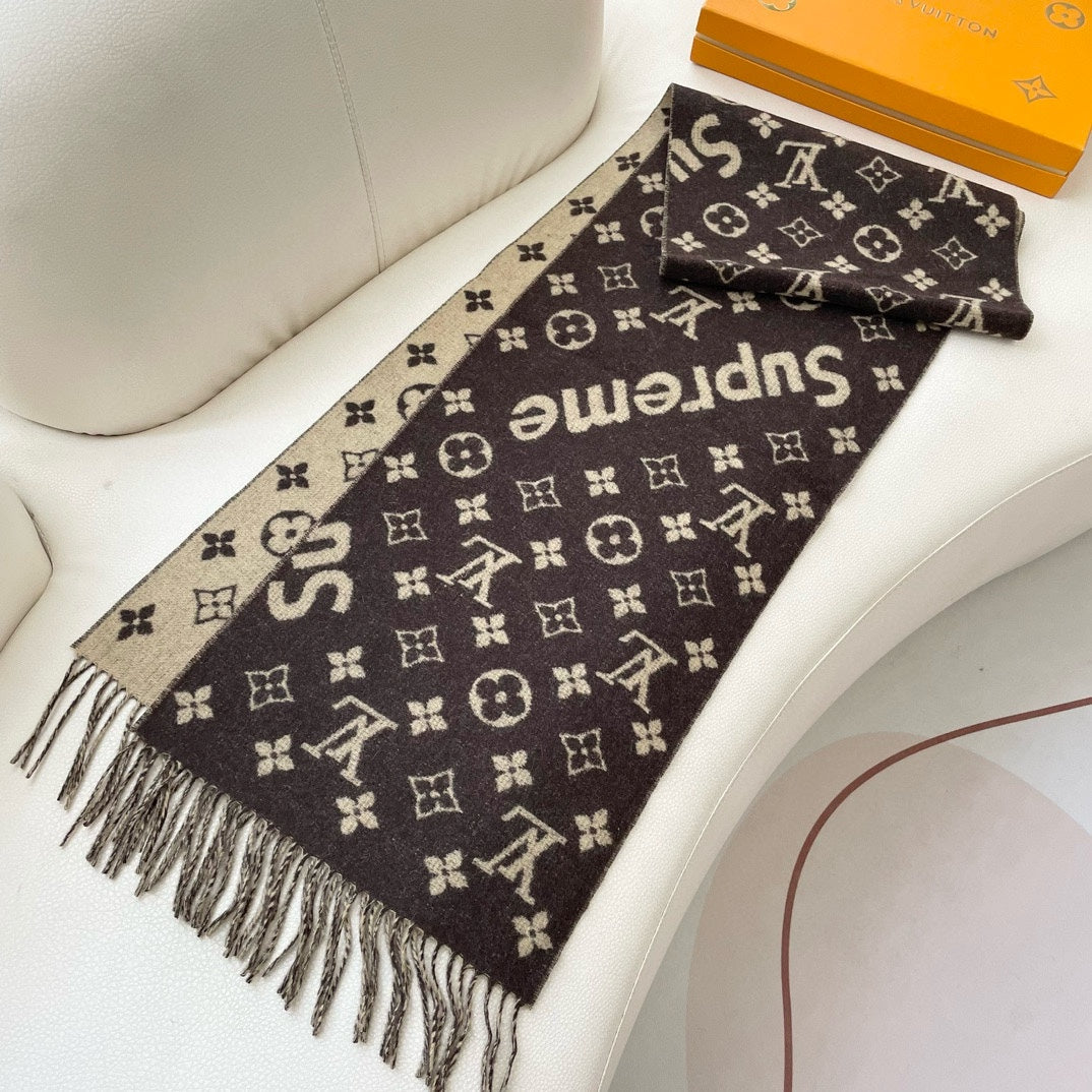 SUPREME X MONOGRAM 180 CM SCARF IN UMBER BROWN WOOL AND CASHMERE 392941