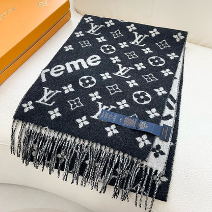 SUPREME X MONOGRAM 180 CM SCARF IN BLACK WOOL AND CASHMERE 392943