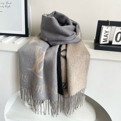 REYKJAVIK GRADIENT SCARF 220 CM IN DOVE GRAY MIX CAMEL BROWN CASHMERE 399737