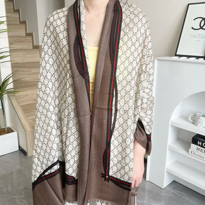 SCARF 200 CM IN KHAKI BROWN MONOGRAM WOOL  399767