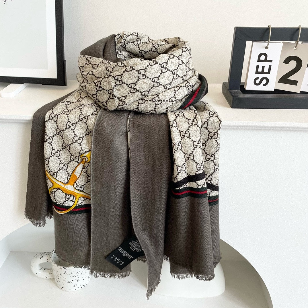 SCARF 200 CM IN KHAKI BROWN MONOGRAM WOOL  399767