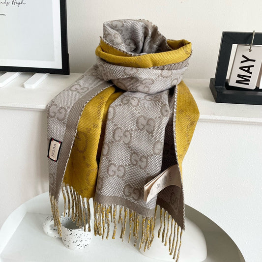 SCARF 195 CM IN DIJON YELLOW AND KHAKI BROWN CASHMERE 401403