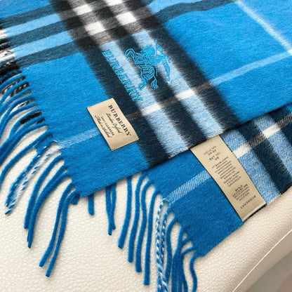 CHECK SCARF 180 CM IN AZURE BLUE MIX BLACK CASHMERE 405481