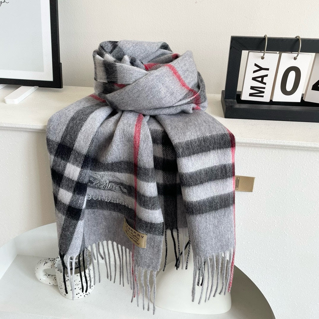 CHECK SCARF 180 CM IN PASTEL GRAY MIX BLACK CASHMERE 405483