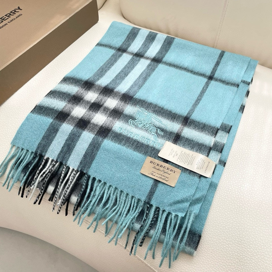 CHECK SCARF 180 CM IN SKY BLUE MIX BLACK CASHMERE 405484