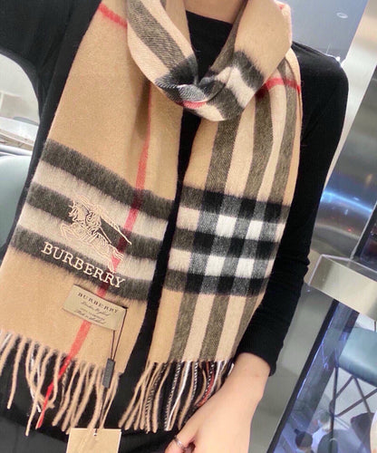 CHECK SCARF 180 CM IN CAMEL BEIGE CASHMERE 405487