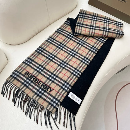 REVERSIBLE CHECK CASHMERE SCARF 180 CM BLACK AND BEIGE 405497