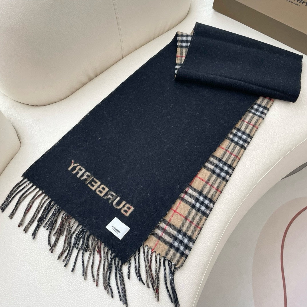 REVERSIBLE CHECK CASHMERE SCARF 180 CM BLACK AND BEIGE 405497