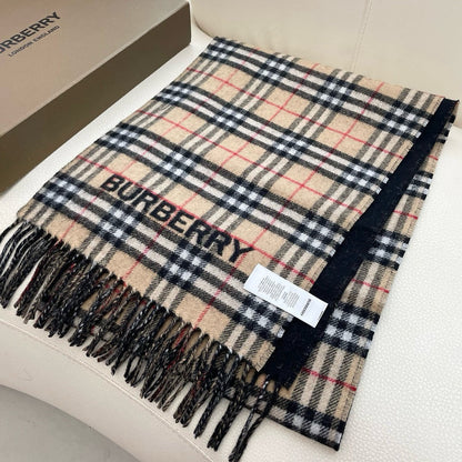 REVERSIBLE CHECK CASHMERE SCARF 180 CM BLACK AND BEIGE 405497