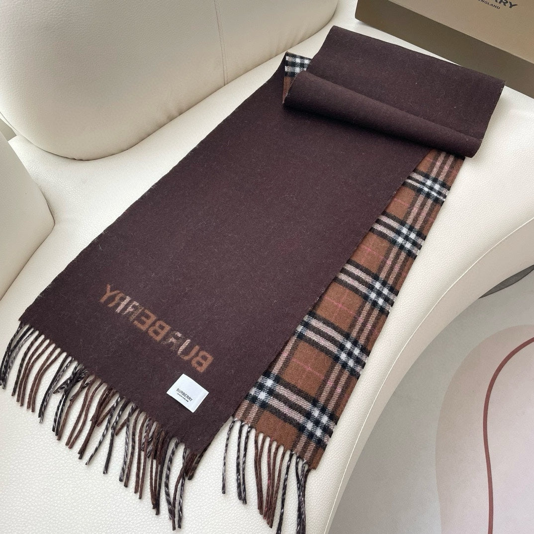 REVERSIBLE CHECK CASHMERE SCARF 180 CM CHOCOLATE BROWN 405498