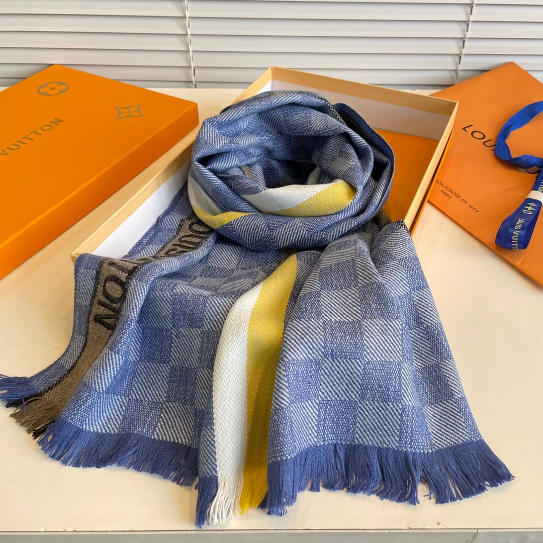 DAMIER SCARF 190 CM IN SAPPHIRE BLUE CASHMERE 391146