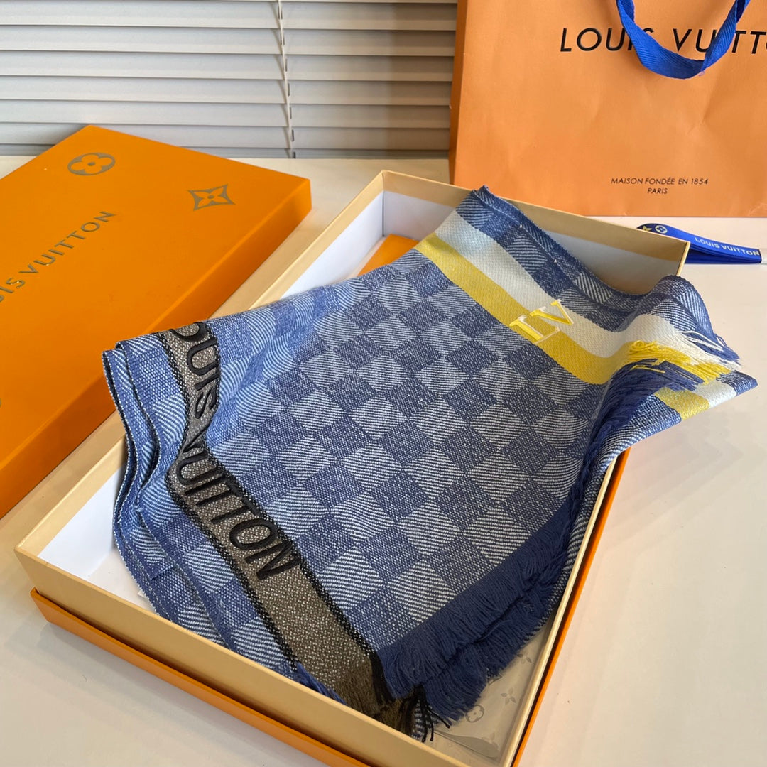 DAMIER SCARF 190 CM IN SAPPHIRE BLUE CASHMERE 391146