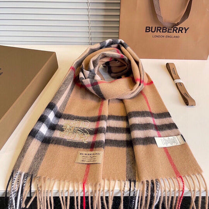 CLASSIC CHECK SCARF 180 CM IN CAMEL BROWN MIX BLACK CASHMERE  394772