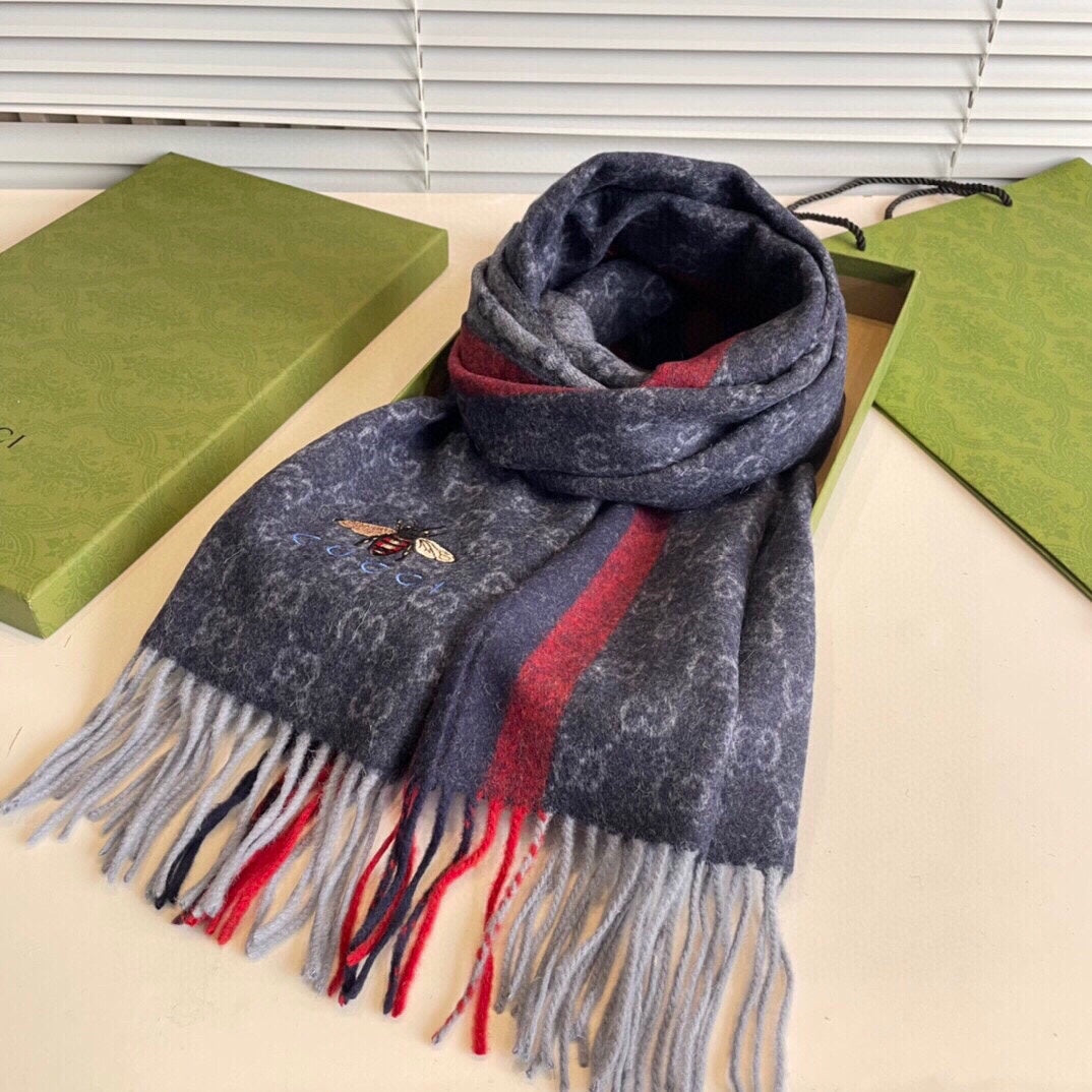 STRIPED SCARF 200 CM IN DARK GRAY CASHMERE WITH EMBROIDERED BEE 398533