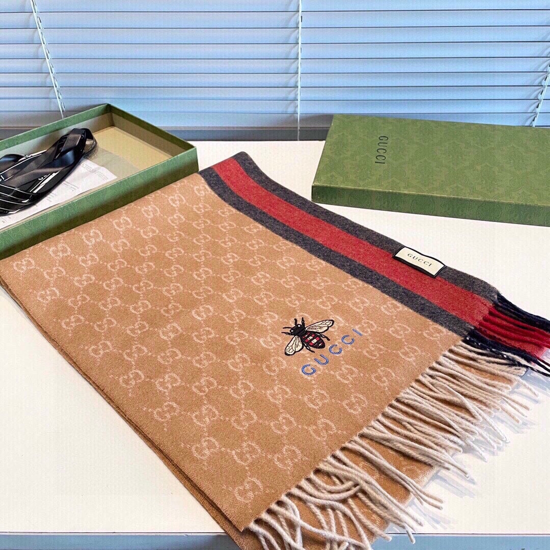 STRIPED SCARF 200 CM IN TAWNY BROWN CASHMERE WITH EMBROIDERED BEE 398532