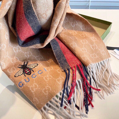 STRIPED SCARF 200 CM IN TAWNY BROWN CASHMERE WITH EMBROIDERED BEE 398532