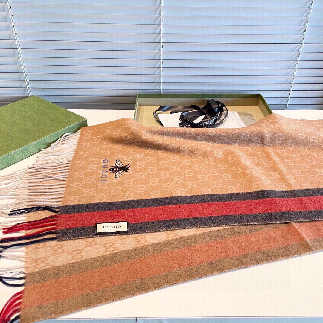 STRIPED SCARF 200 CM IN TAWNY BROWN CASHMERE WITH EMBROIDERED BEE 398532