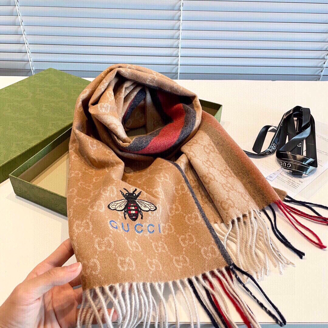 STRIPED SCARF 200 CM IN TAWNY BROWN CASHMERE WITH EMBROIDERED BEE 398532