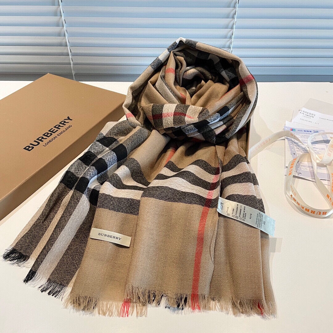 WIDE CHECK CASHMERE SCARF 200 CM IN CAMEL BROWN CASHMERE 407326