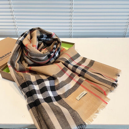 WIDE CHECK CASHMERE SCARF 200 CM IN CAMEL BROWN CASHMERE 407326