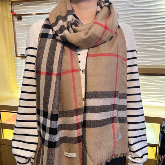 WIDE CHECK CASHMERE SCARF 200 CM IN CAMEL BROWN CASHMERE 407326