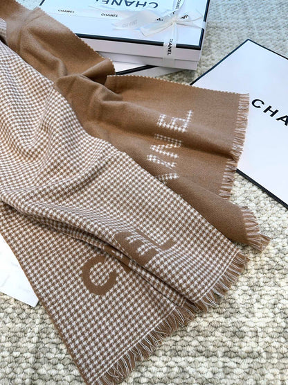 HOUNDSTOOTH SCARF 185 CM IN CAMEL BROWN CASHMERE 393124