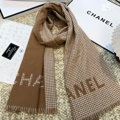 HOUNDSTOOTH SCARF 185 CM IN CAMEL BROWN CASHMERE 393124