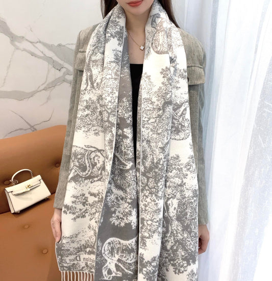 SCARF 220 CM IN WHITE MIX LIGHT GRAY MONOGRAM CASHMERE AND WOOL 413657