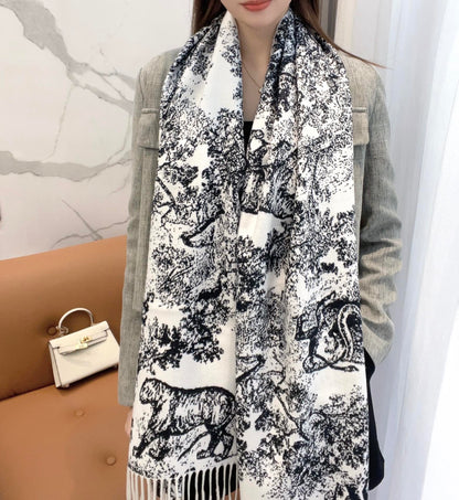 SCARF 220 CM IN BLACK MIX WHITE MONOGRAM CASHMERE AND WOOL 413658