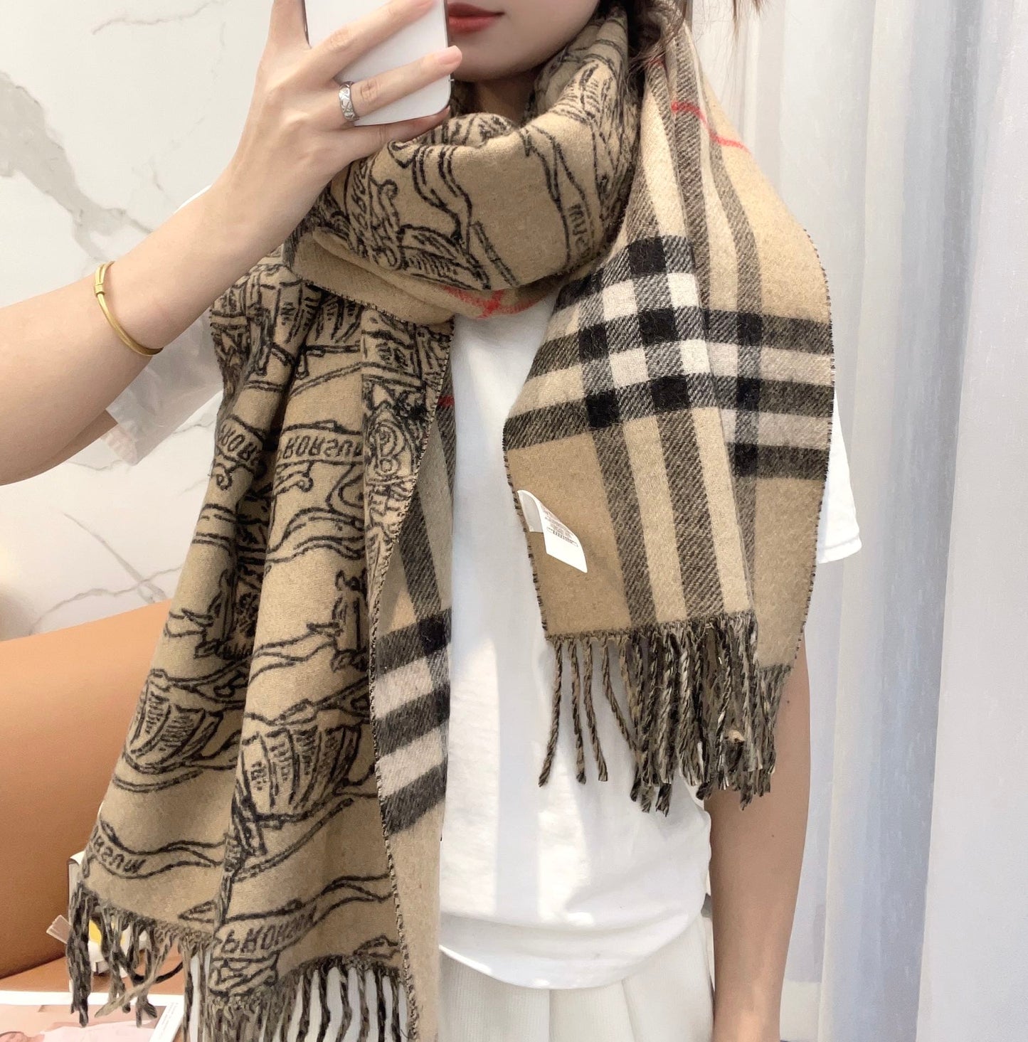 SCARF 210 CM IN CAMEL BEIGE MIX BLACK CASHMERE 408618