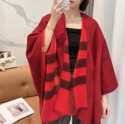 REVERSIBLE CHECK CASHMERE CAPE CHERRY RED AND BLACK 410134