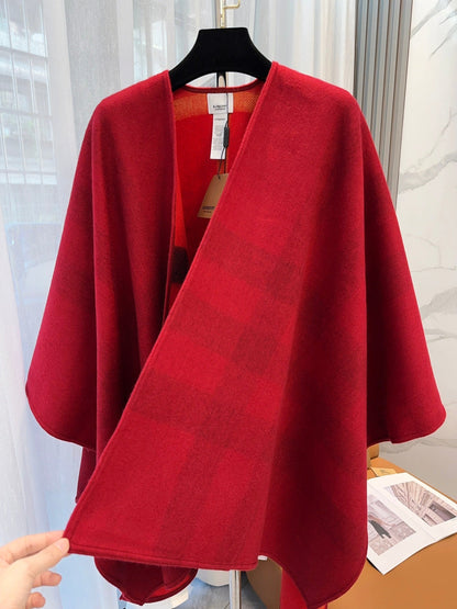 REVERSIBLE CHECK CASHMERE CAPE CHERRY RED AND BLACK 410134