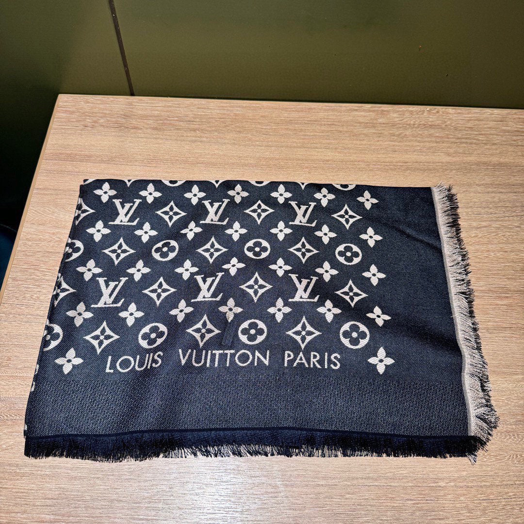 MONOGRAM SCARF 200 CM IN BLACK WOOL AND SILK 391065