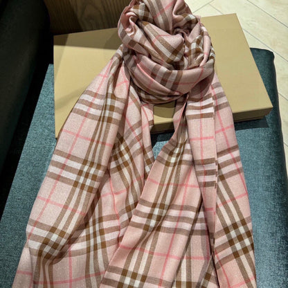 CHECK SCARF 200 CM IN ROSE PINK MIX CAMEL BROWN CASHMERE AND SILK 394665