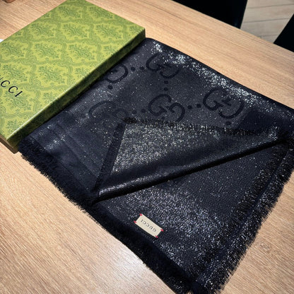 JACQUARD SILK WOOL SHAWL 140 CM BLACK 401257