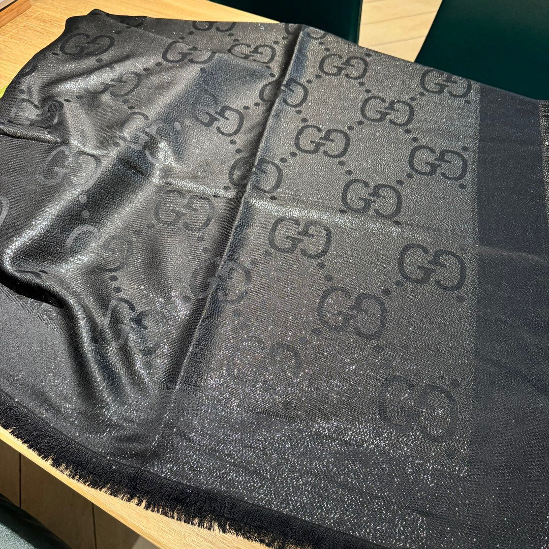 JACQUARD SILK WOOL SHAWL 140 CM BLACK 401257