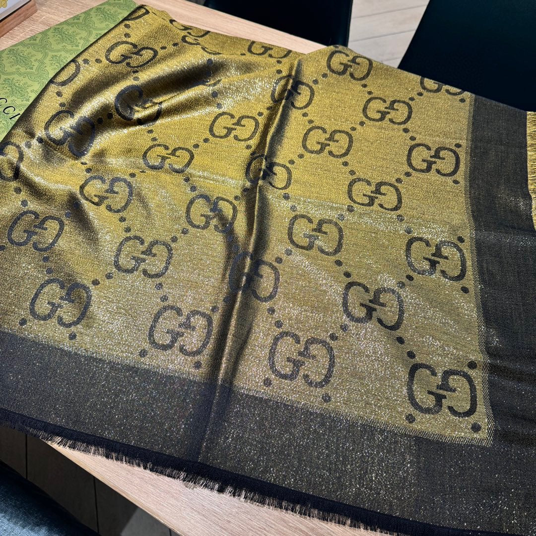 JACQUARD SILK WOOL SHAWL 140 CM ANTIQUE GOLD 401258