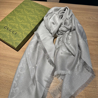 JACQUARD SILK WOOL SHAWL 140 CM SILVER GRAY 401259