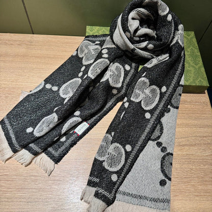 SCARF 195 CM IN BLACK AND LIGHT GRAY GG WOOL LAM JACQUARD 403977