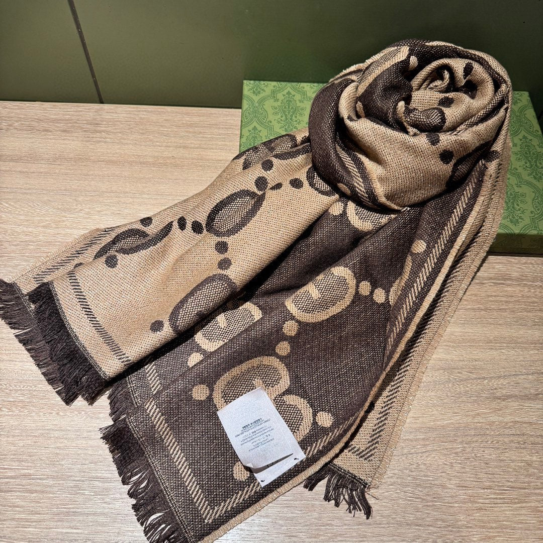 SCARF 195 CM IN BEIGE AND DARK BROWN GG WOOL LAM JACQUARD 403978