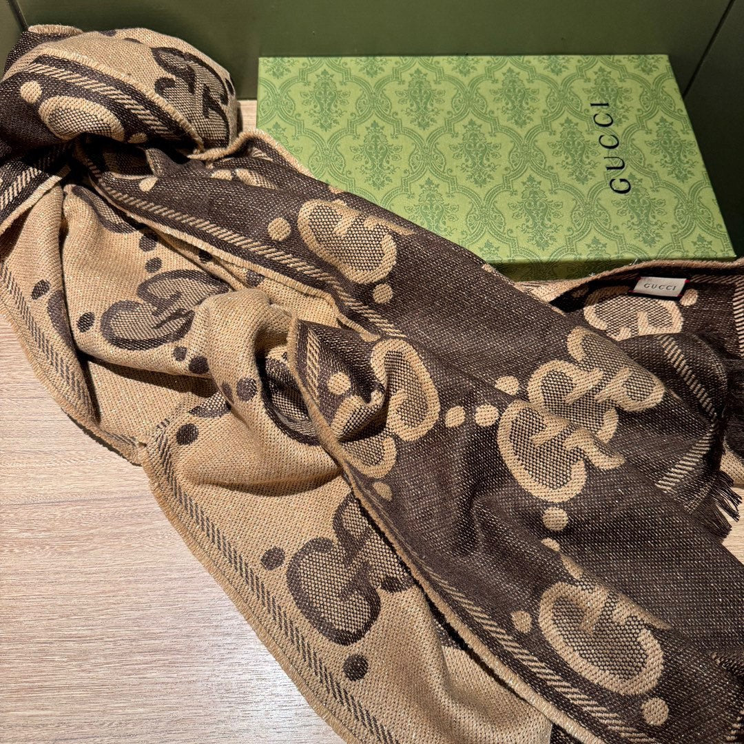 SCARF 195 CM IN BEIGE AND DARK BROWN GG WOOL LAM JACQUARD 403978