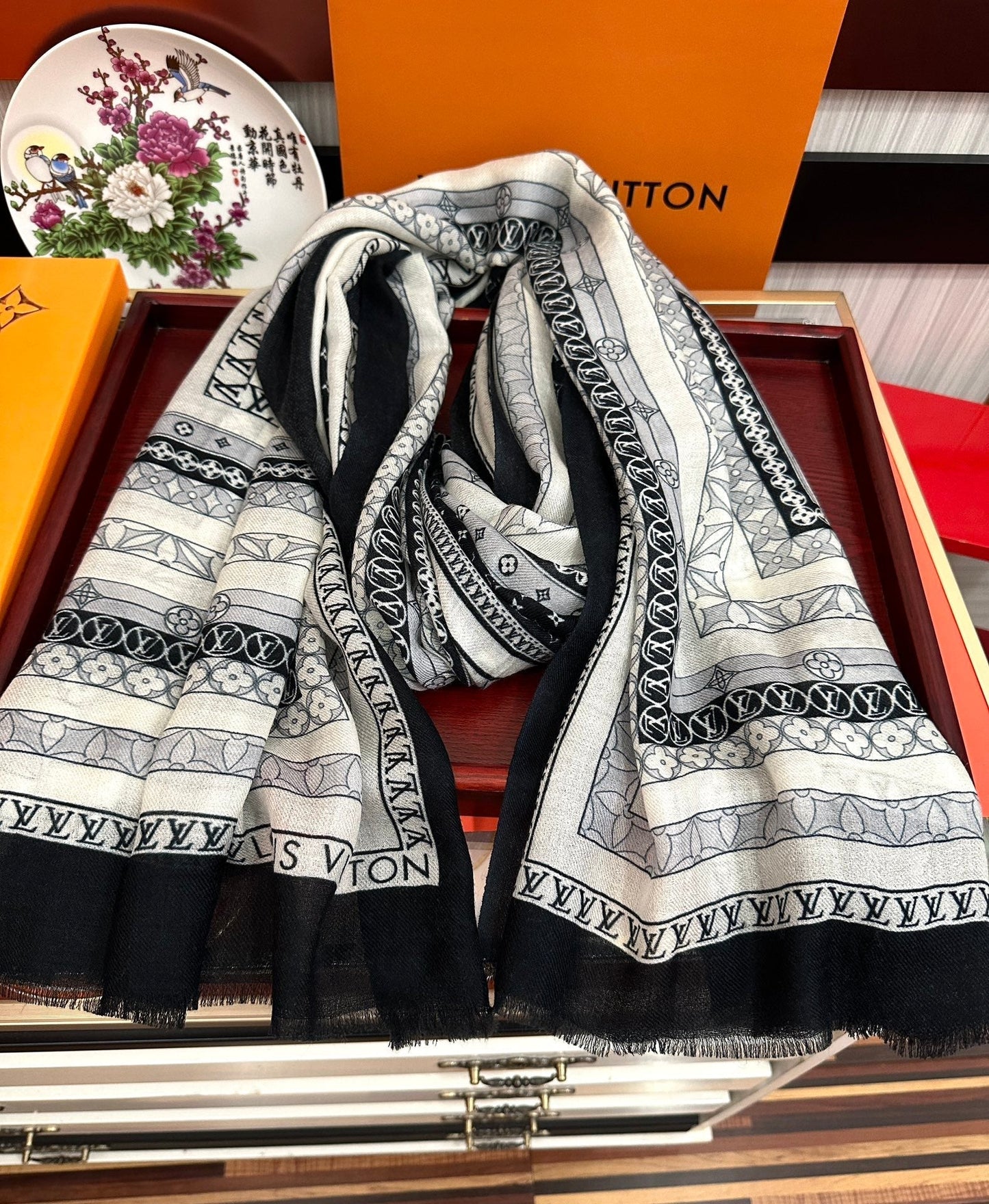 SCARF 200 CM IN BLACK MIX WHITE CASHMERE 394889