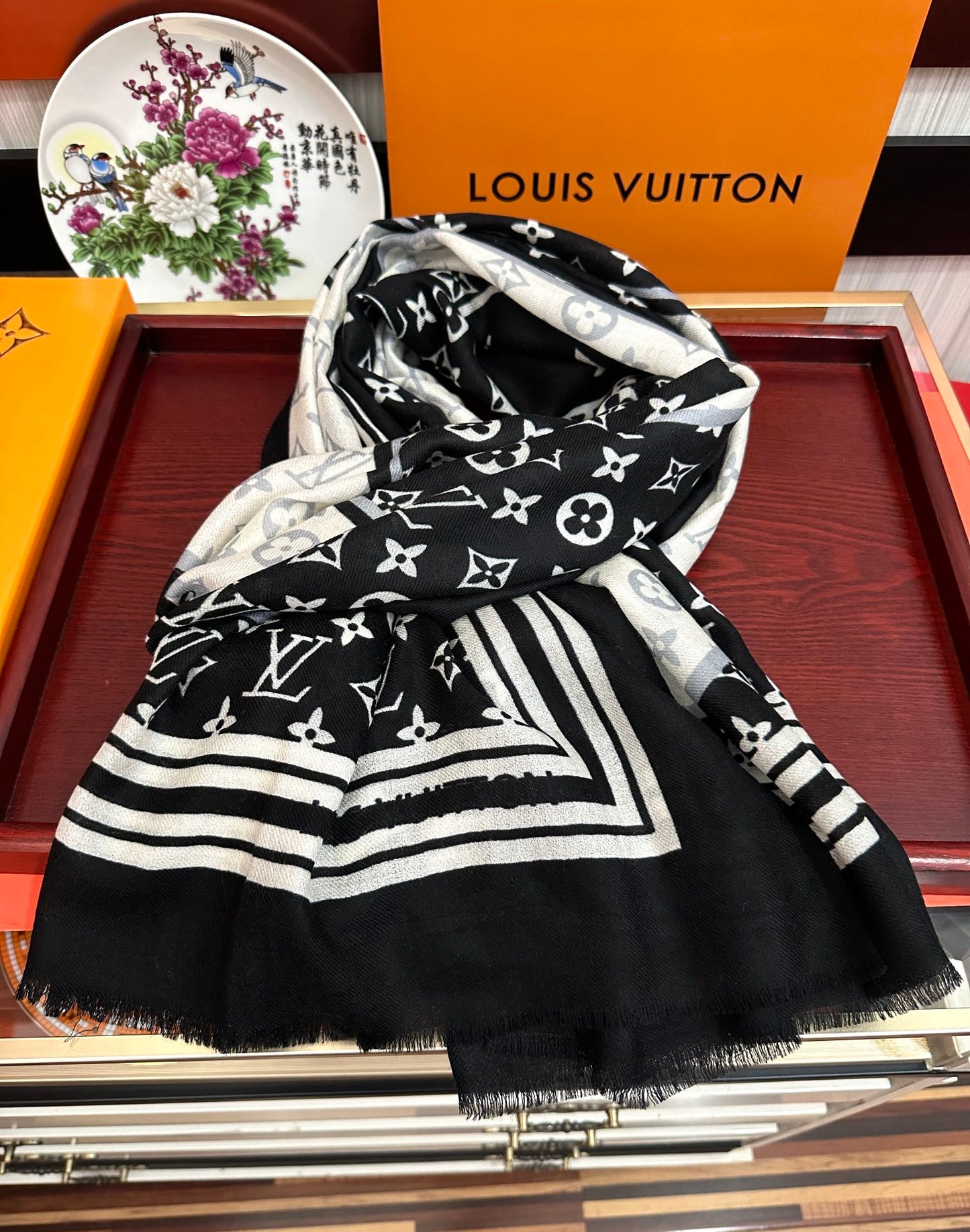 SCARF 200 CM IN BLACK MIX WHITE CASHMERE 400030